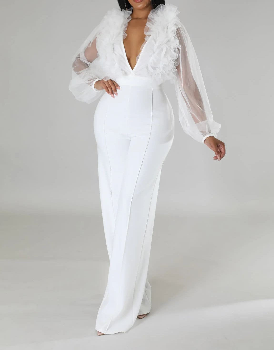 V Neck Sheer Sleeve Jumpsuit