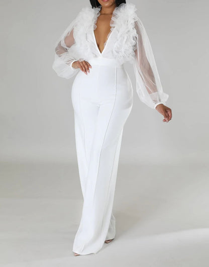 V Neck Sheer Sleeve Jumpsuit