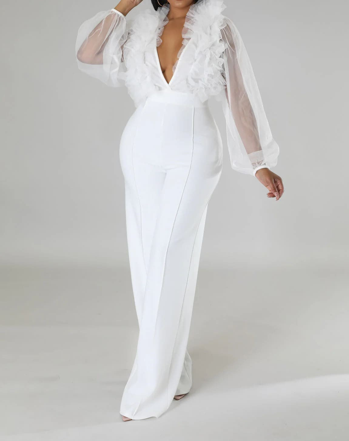V Neck Sheer Sleeve Jumpsuit