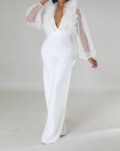 V Neck Sheer Sleeve Jumpsuit
