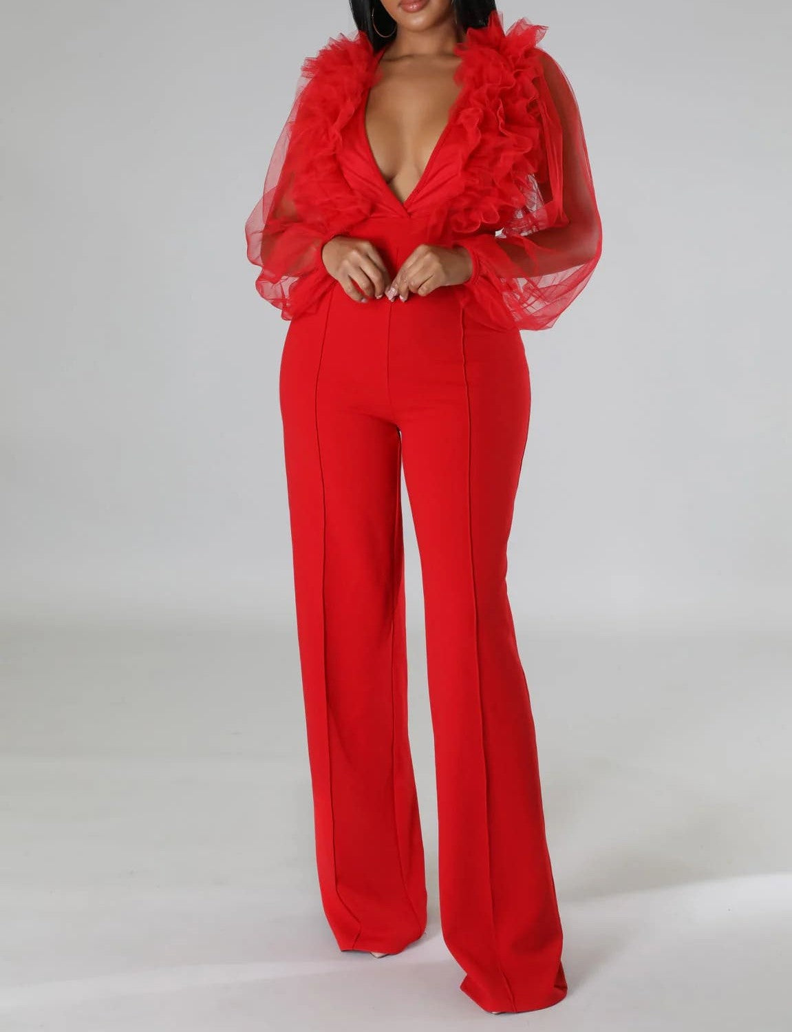 V Neck Sheer Sleeve Jumpsuit