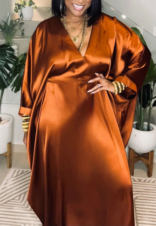 Silk satin mid-length sleeve dress