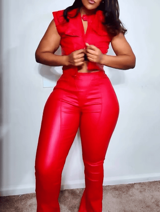 Faux Leather Sleeveless Jacket & Pants Set