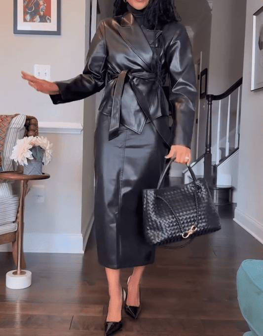 Faux Leather Jacket & Midi Skirt Set