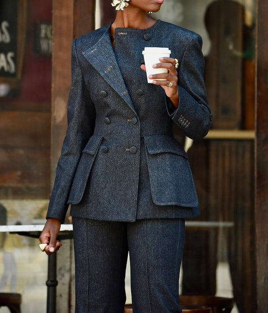 Double-breasted denim Suit Jacket & Flared Pants Set