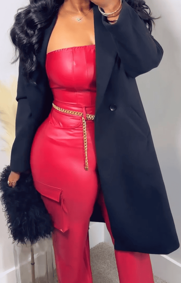 Faux Leather Jumpsuit - Red