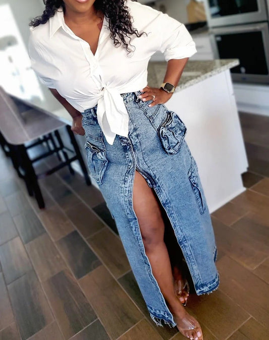 High Waisted Denim Cargo Maxi Skirt - Medium Wash