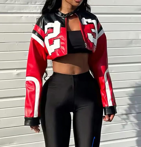 Colorblock Motorcycle PU Cropped Jacket