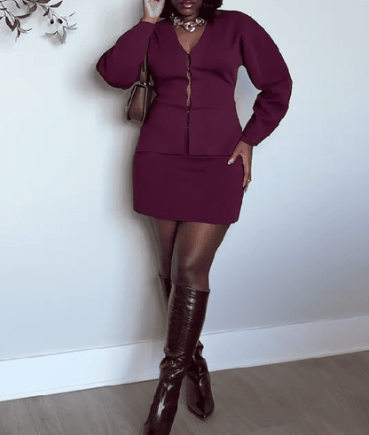 Burgundy Cardigan & Mini Skirt Set