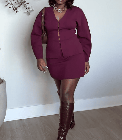 Burgundy Cardigan & Mini Skirt Set