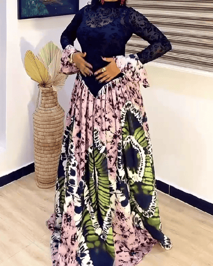 Vintage Lace Paneled Ankara Maxi Dress
