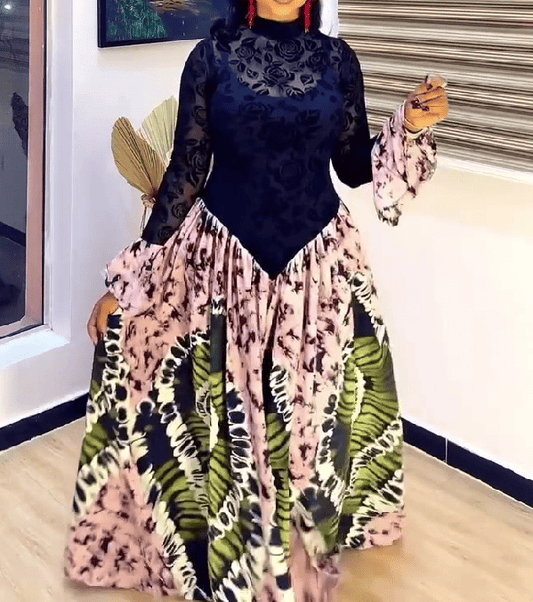 Vintage Lace Paneled Ankara Maxi Dress