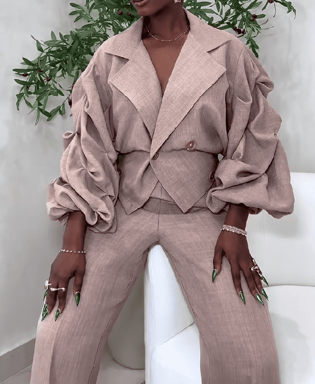 Lapel Waisted Pleated Blazer Set