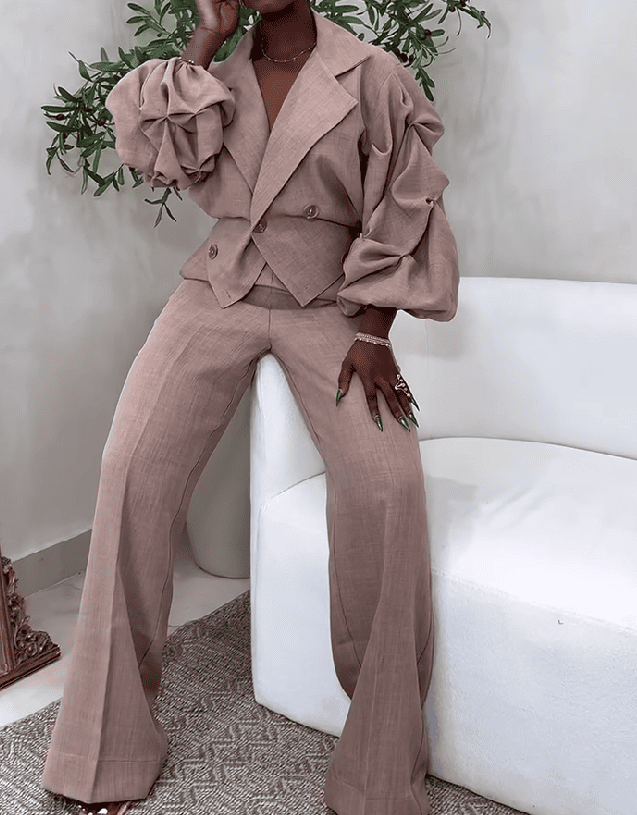 Lapel Waisted Pleated Blazer Set