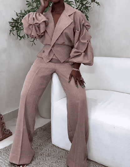 Lapel Waisted Pleated Blazer Set