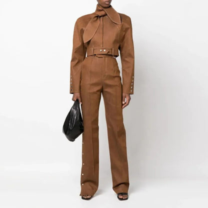 Stand Neck Long Sleeve Button Coat High Waist Pants 2pc Set