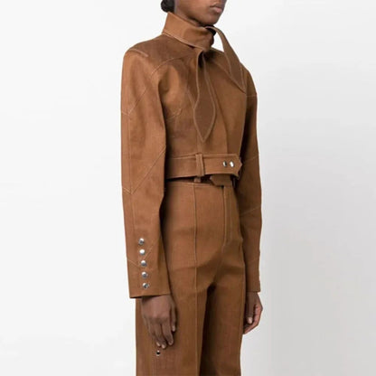 Stand Neck Long Sleeve Button Coat High Waist Pants 2pc Set