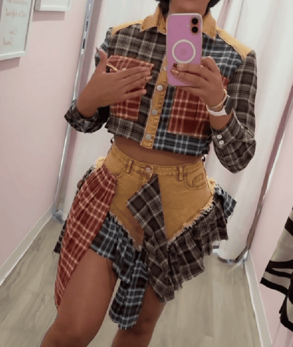 Plaid Patchwork Denim Set