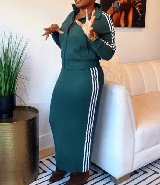 Striped sports jacket & knit skirt set