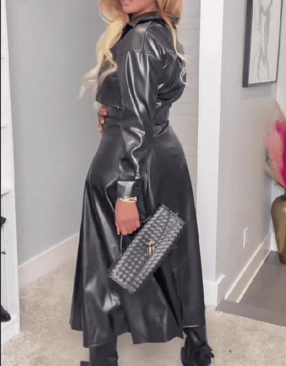 Faux Leather Jacket Pleated Midi Skirt 2pc Set