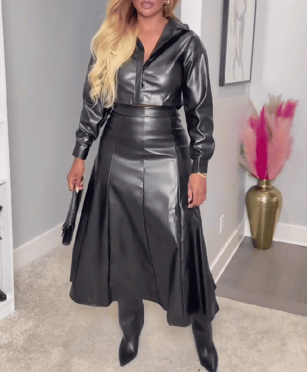 Faux Leather Jacket Pleated Midi Skirt 2pc Set