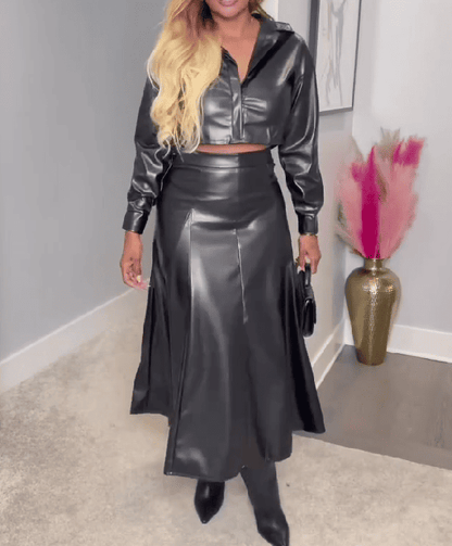 Faux Leather Jacket Pleated Midi Skirt 2pc Set