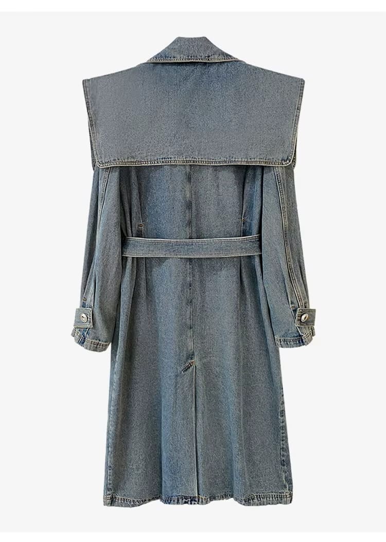 Blue Lapel Long Sleeve Denim Coat