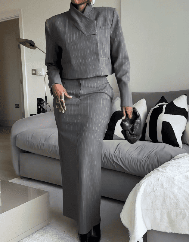 Pinstripe Cropped Blazer & Midi skirt 2pc Set