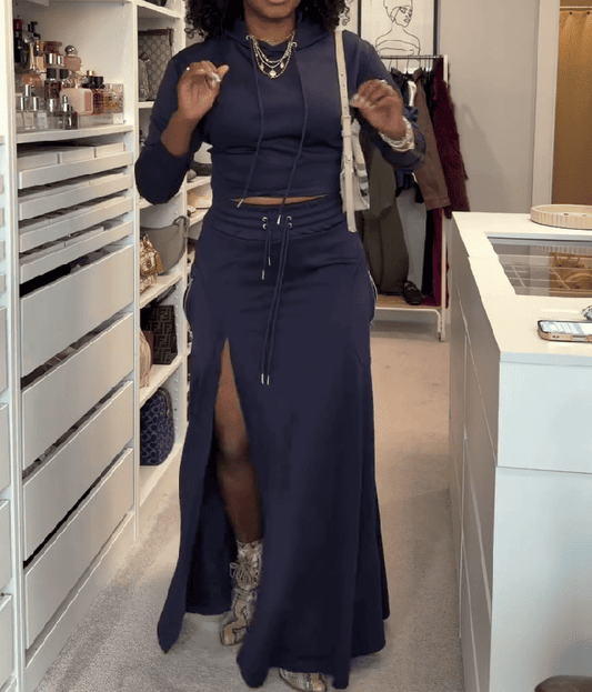 Drawstring Hoodie & Slit Maxi Skirt