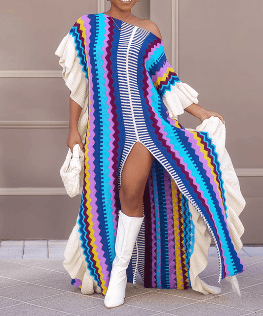 Slit-hem ruffle sweater dress