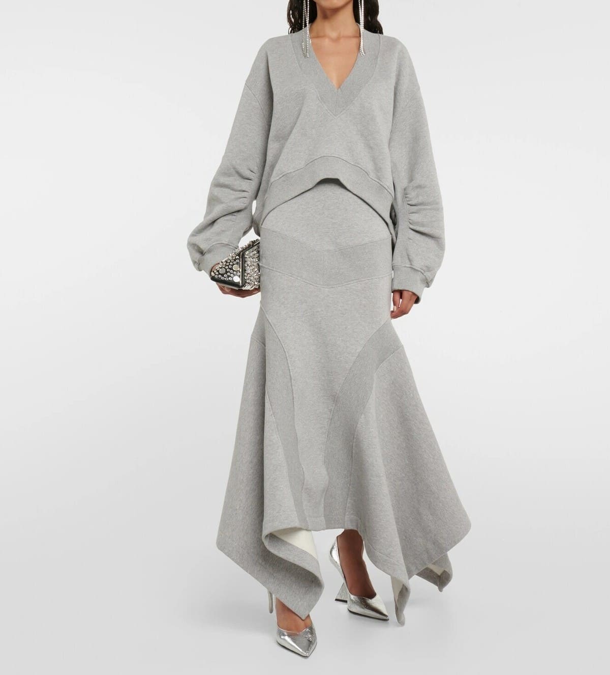 V-neck fleece sweatshirt asymmetrical maxi skirt