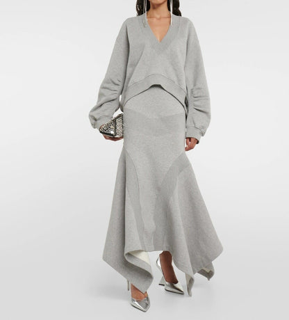 V-neck fleece sweatshirt asymmetrical maxi skirt