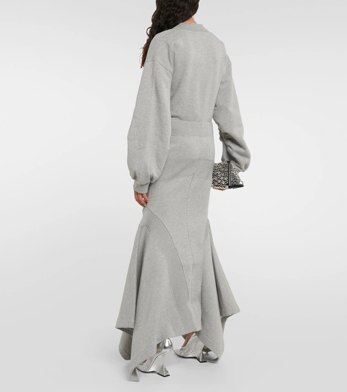V-neck fleece sweatshirt asymmetrical maxi skirt