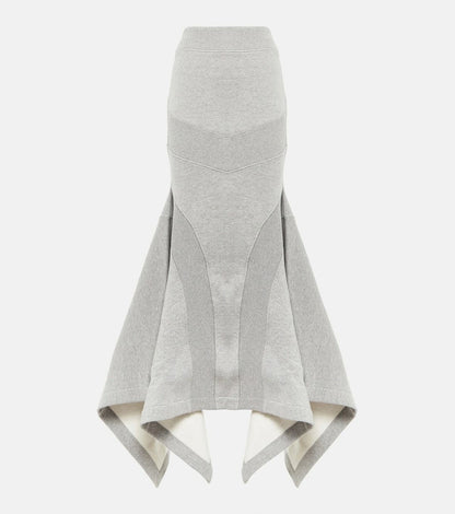 V-neck fleece sweatshirt asymmetrical maxi skirt