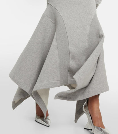 V-neck fleece sweatshirt asymmetrical maxi skirt