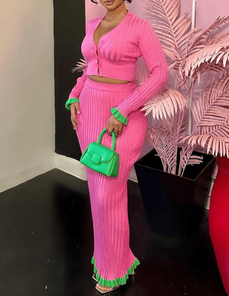 Knitted V-neck cropped cardigan and Skirt Set