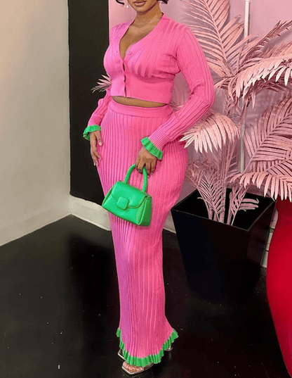 Knitted V-neck cropped cardigan and Skirt Set