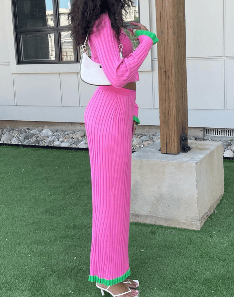 Knitted V-neck cropped cardigan and Skirt Set