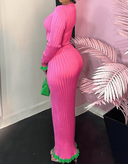 Knitted V-neck cropped cardigan and Skirt Set