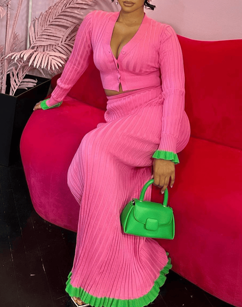 Knitted V-neck cropped cardigan and Skirt Set