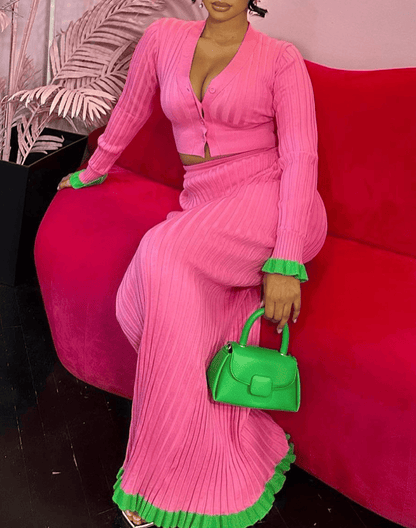 Knitted V-neck cropped cardigan and Skirt Set