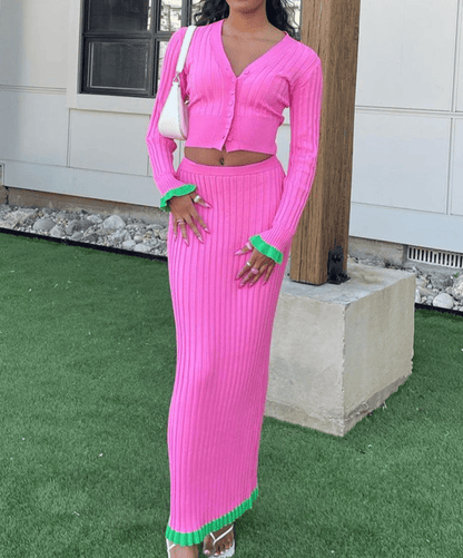 Knitted V-neck cropped cardigan and Skirt Set