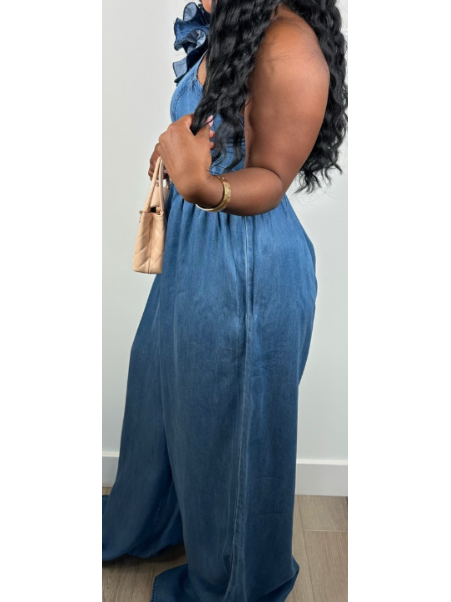 Chic One-shoulder Stretch Denim Jumpsuit