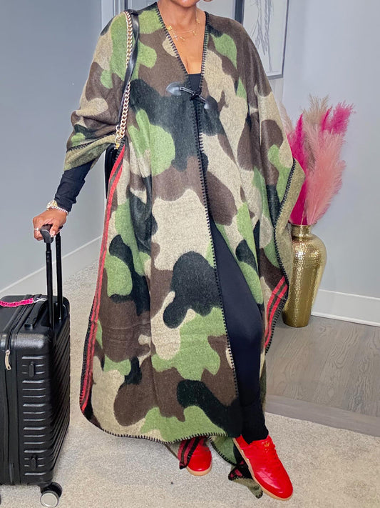 Knitted Camouflage-Print Maxi Poncho