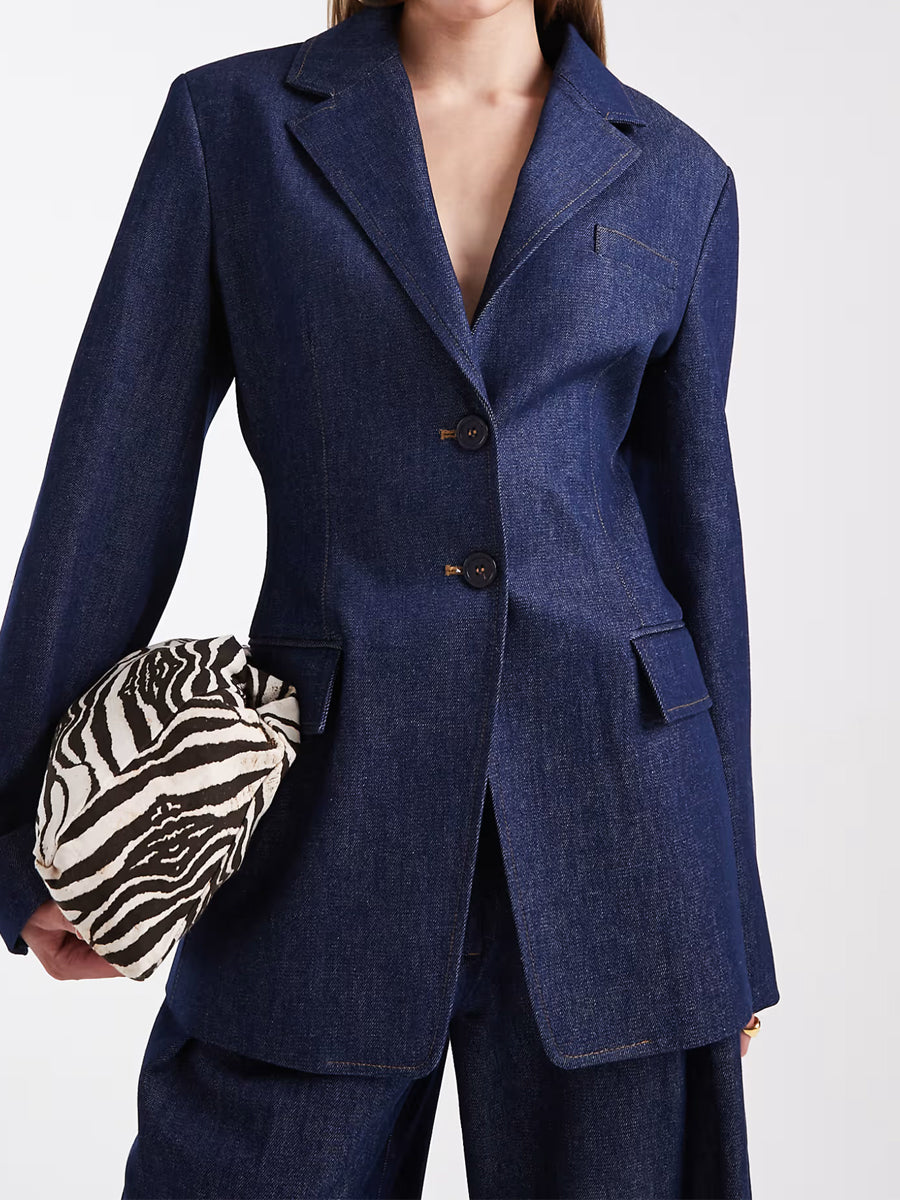 Darted Waist Notch Lapels Denim Blazer