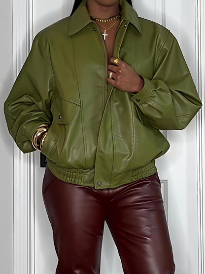 Faux Leather Ribbed Cuffs Bomber Jacket