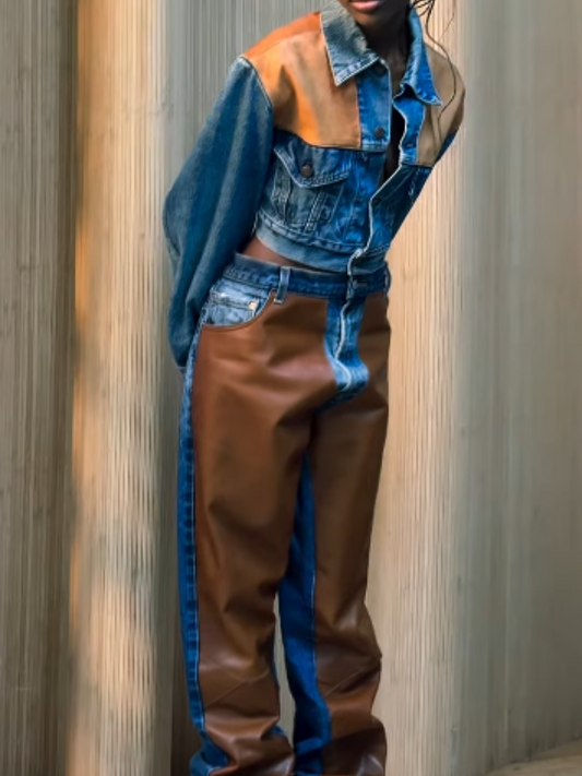 Leather Patchwork Denim Retro Set