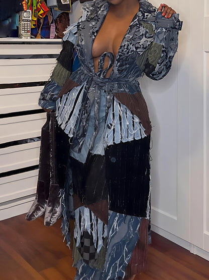 Denim Distressed Patchwork Trench & Pants