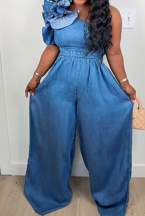 Chic One-shoulder Stretch Denim Jumpsuit