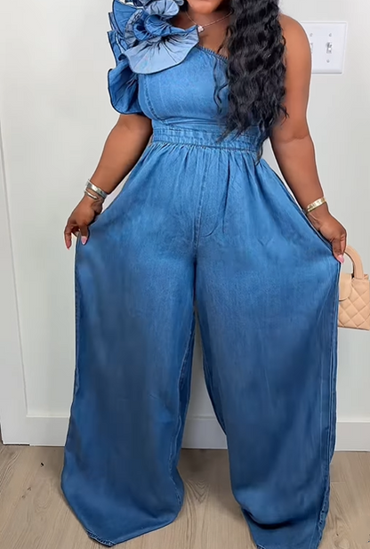 Chic One-shoulder Stretch Denim Jumpsuit